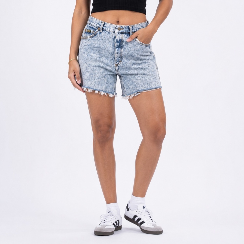 Vintage Lee Denim Jean Shorts Women's Size 14 Med Blue Acid Wash Cut-off Raw Hem